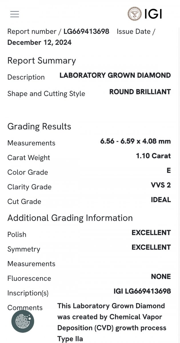 Lab-grown Solitair ring 1.20crt